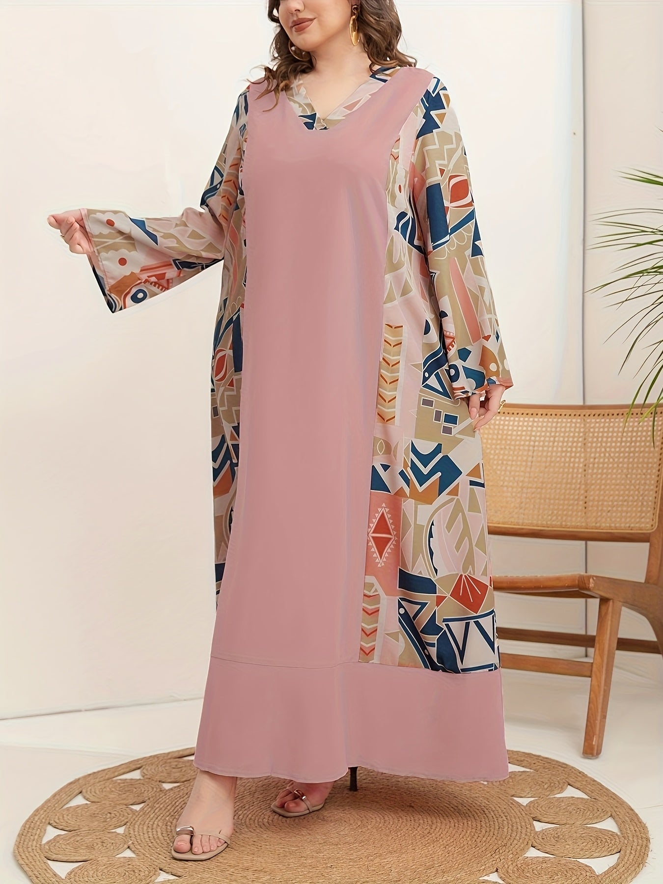 Print V-Neck Dress with Colorful Abstract Print Patchwork - Polyester, Long Sleeve, Non-Sheer - Perfect for All Seasons