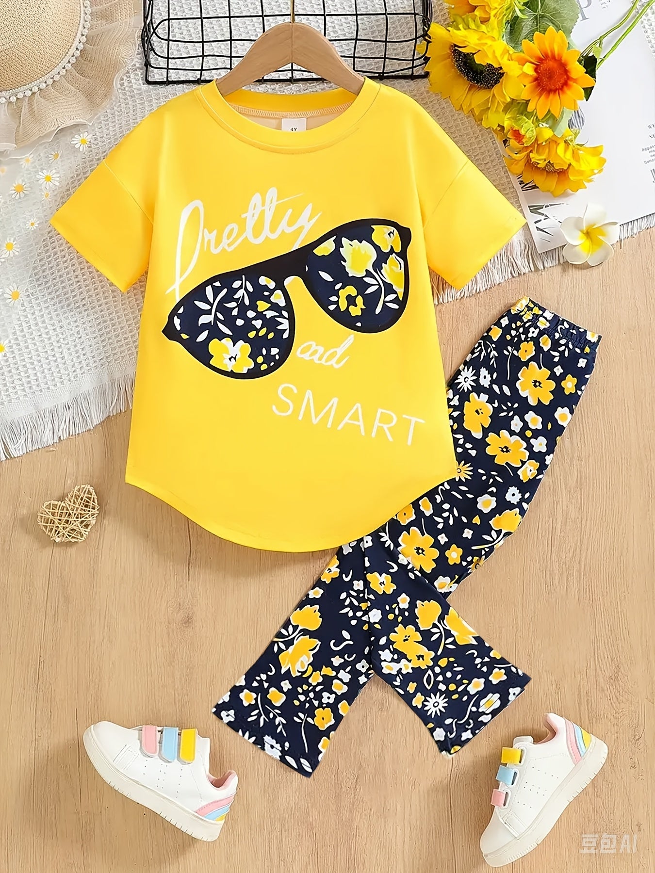2pcs girls' set, fashionable large glasses print short-sleeved T-shirt, irregular hem, floral print, elastic cut, tight-fitting bell-bottom pants, fashionable and casual, mixed design, casual medium and large Youngsters's set