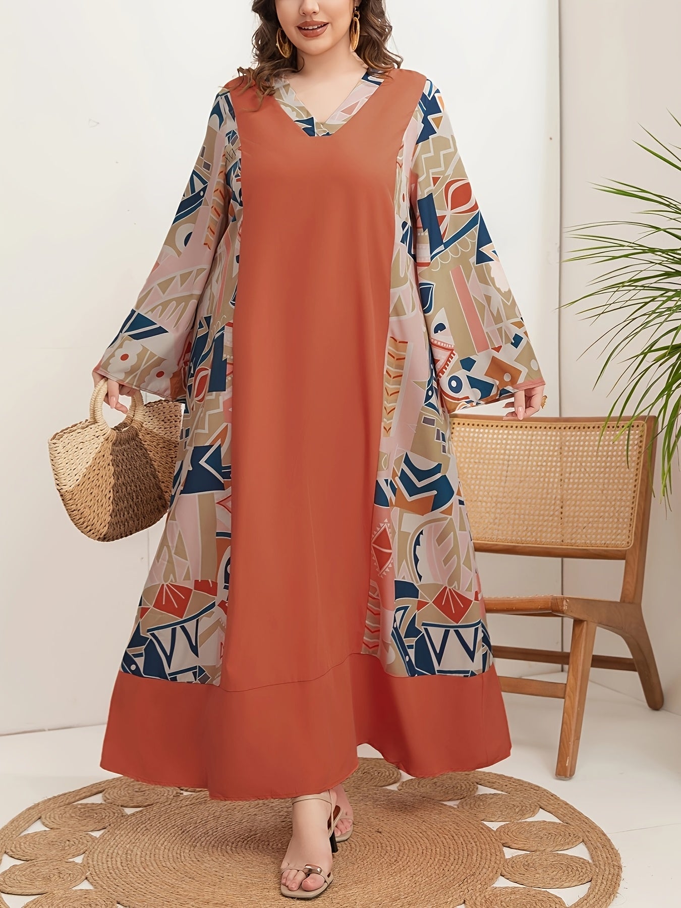 Print V-Neck Dress with Colorful Abstract Print Patchwork - Polyester, Long Sleeve, Non-Sheer - Perfect for All Seasons