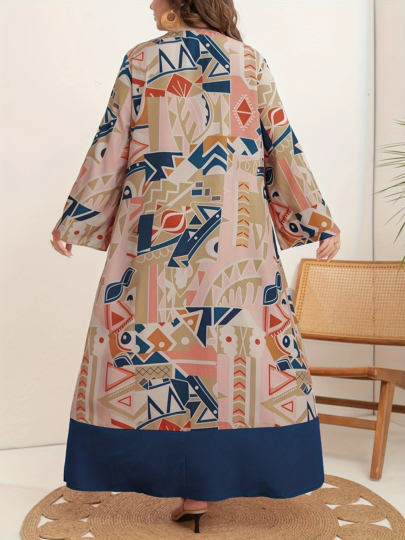 Print V-Neck Dress with Colorful Abstract Print Patchwork - Polyester, Long Sleeve, Non-Sheer - Perfect for All Seasons