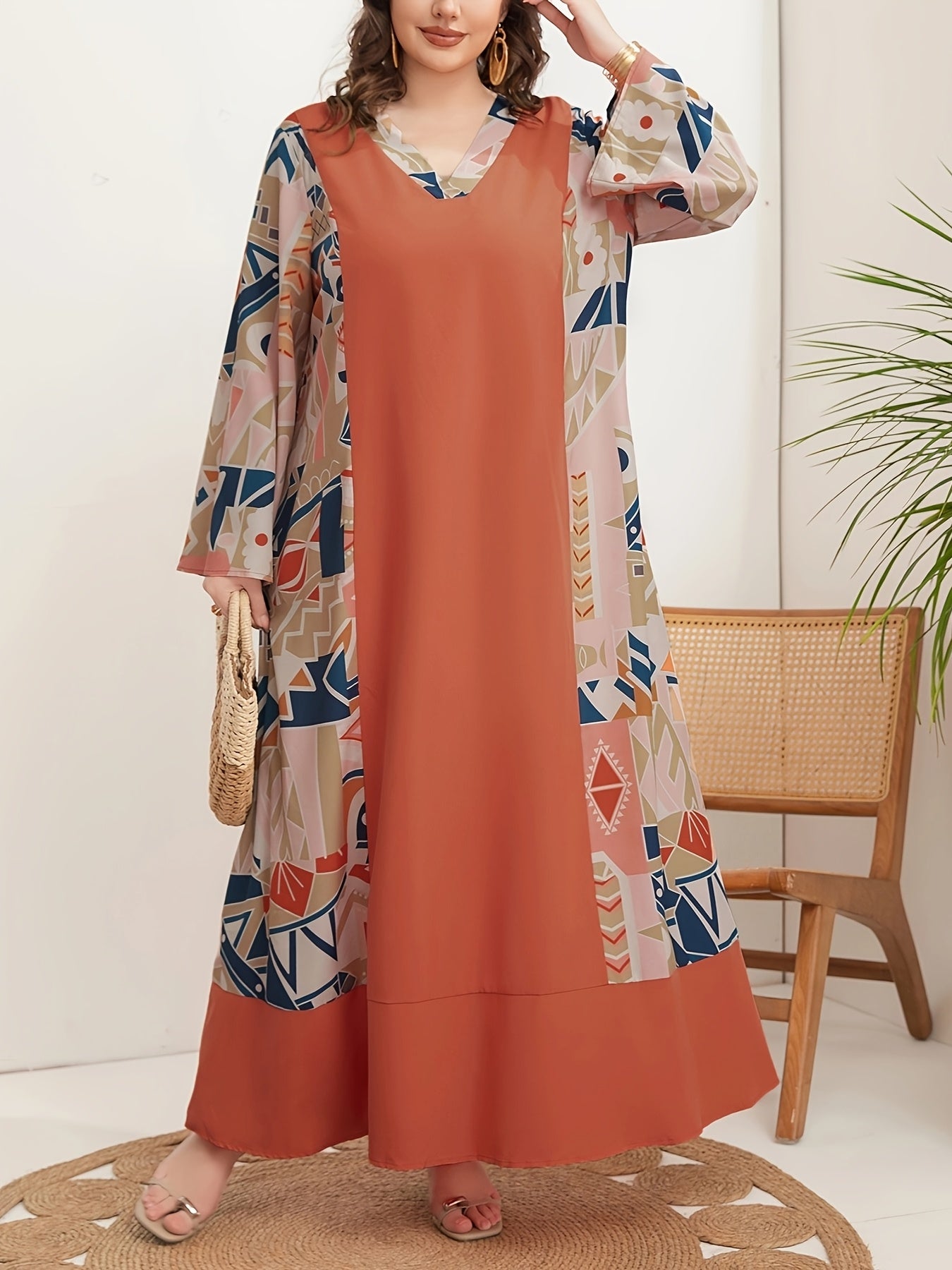 Print V-Neck Dress with Colorful Abstract Print Patchwork - Polyester, Long Sleeve, Non-Sheer - Perfect for All Seasons