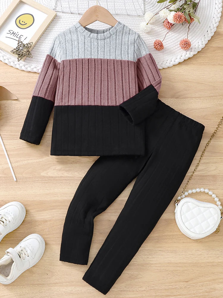 2-piece Girls' Thin Spring and Autum Color-blocked Long-sleeved Round Neck Pullover, Comfortable and Soft Pants Set