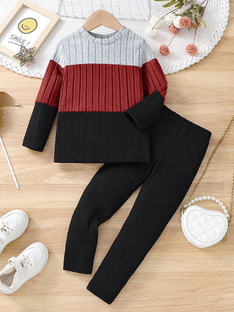 2-piece Girls' Thin Spring and Autum Color-blocked Long-sleeved Round Neck Pullover, Comfortable and Soft Pants Set
