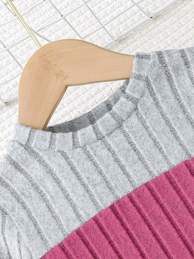 2-piece Girls' Thin Spring and Autum Color-blocked Long-sleeved Round Neck Pullover, Comfortable and Soft Pants Set