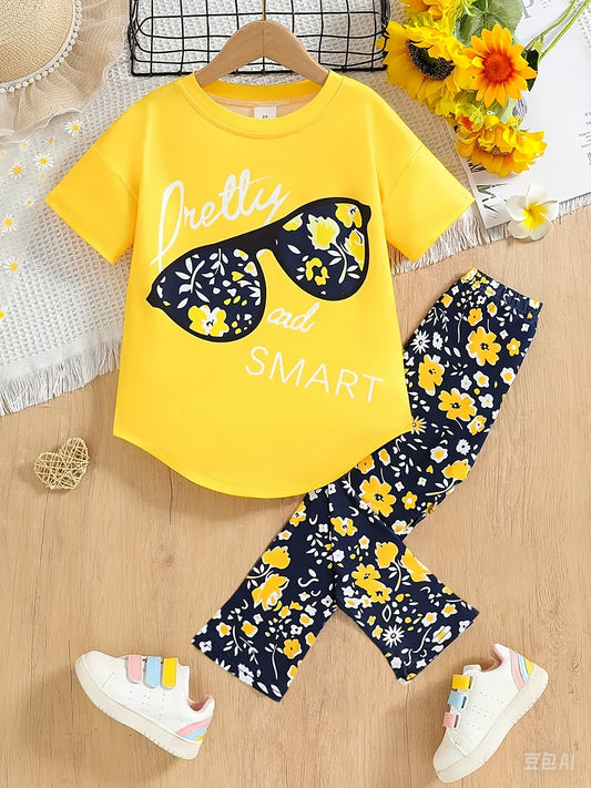 2pcs girls' set, fashionable large glasses print short-sleeved T-shirt, irregular hem, floral print, elastic cut, tight-fitting bell-bottom pants, fashionable and casual, mixed design, casual medium and large Youngsters's set