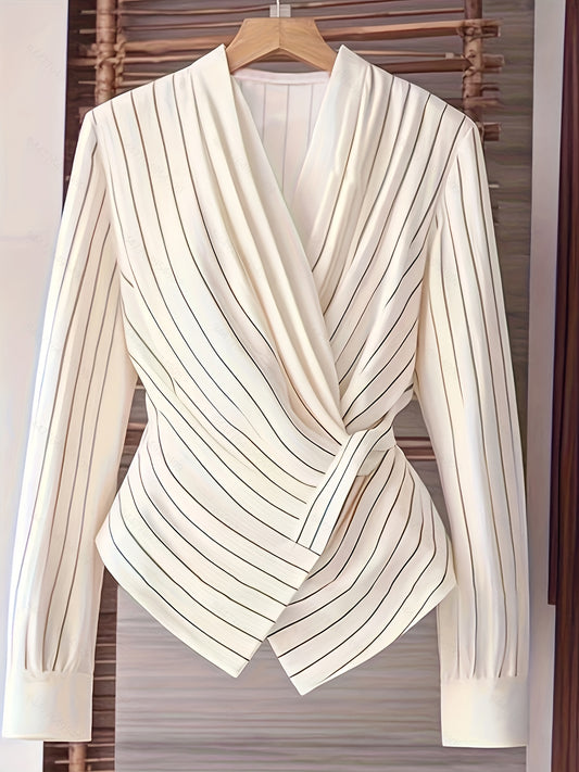 1pc Elegant Striped Women'S Blouse - Chic Cardigan Collar, Long Sleeve, Button-Up Shirt for Adult, All Season Versatile, Stylish White with Black Vertical Stripes, Stylish Blouse | Chic Sleeve Design | Durable Fabric