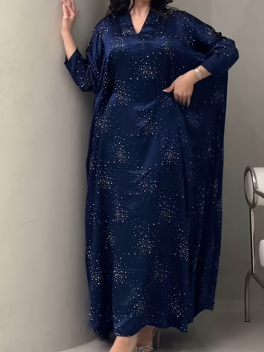 Elegant Blue Rhinestone Abaya - Modest Long Sleeve Pullover Maxi Dress for Women, Traditional Arabic Style, Perfect for Spring/Summer, Elegant Attire | Traditional Abaya | Polyester Fabric