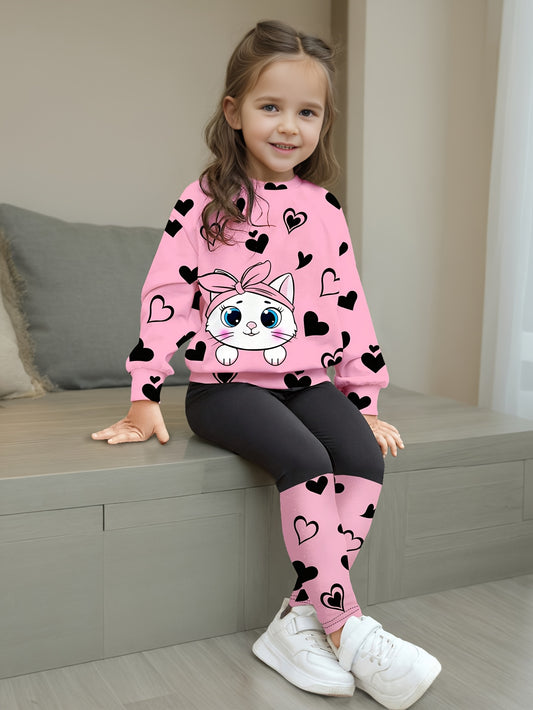 Adorable Cat & Heart Print Girls' Outfit Set - Comfy Long Sleeve Tee with Casual Pants, Stretchy Polyester Blend, Machine Washable - Perfect for Summer, Perfect for Outdoor