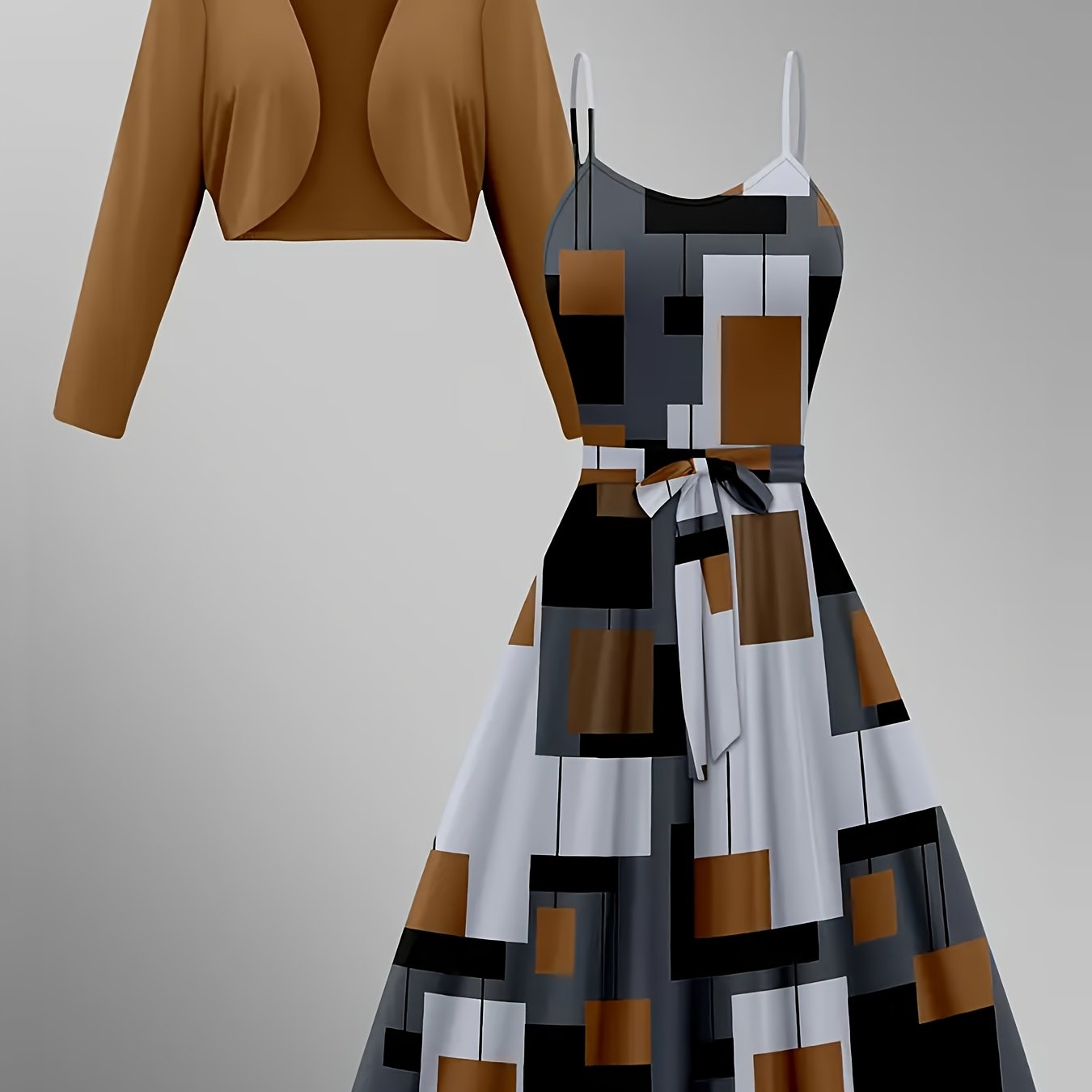 1pc Elegant Geometric-Patterned Halter Dress with V-Neck Polyester Long Coat Set for Women - Knit Fabric, All-Season Wear, 95% Polyester 5% Elastane