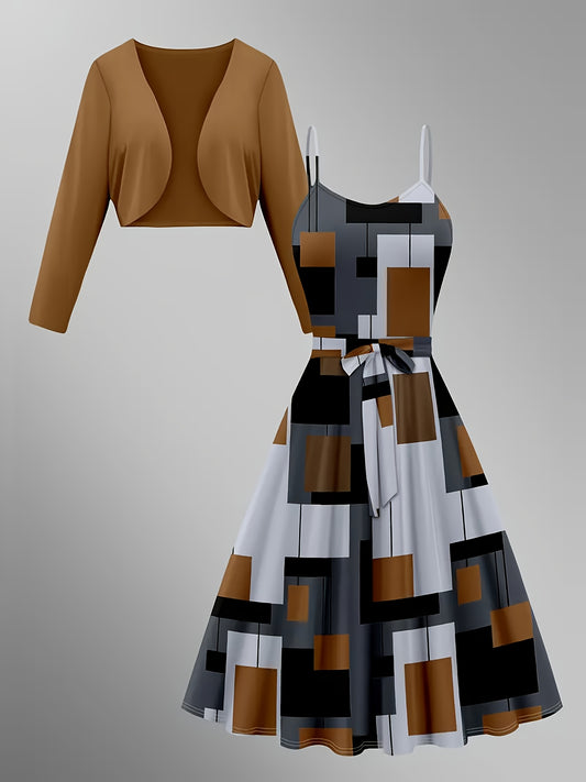 1pc Elegant Geometric-Patterned Halter Dress with V-Neck Polyester Long Coat Set for Women - Knit Fabric, All-Season Wear, 95% Polyester 5% Elastane
