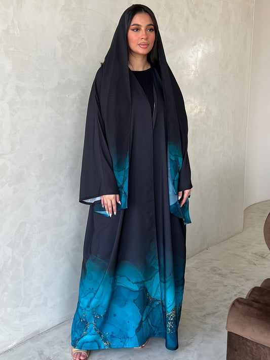 Stylish Black and Teal Floral Print Kaftan Abaya with Headscarf - Long Sleeve, Round Neck, Elegant Middle Eastern & African Style for Women
