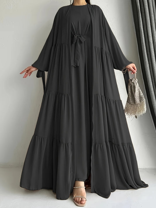 1pc Elegant Middle Eastern Abaya with Vest and Belt Set - Chiffon Long Sleeve H-Line Robe with Side Split, Regular Length, Solid Color, Lantern Sleeves, and Ruffle Hem Detail - All Seasons Traditional Attire