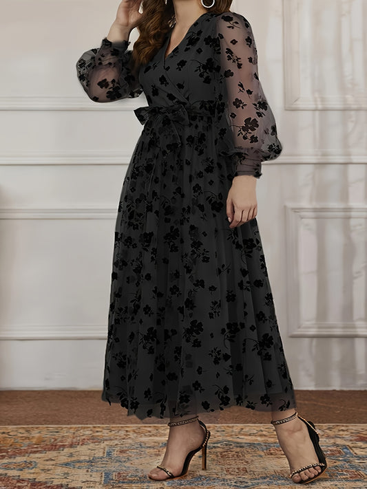 Elegant Plus Size Black Lace-Trim V-Neck Dress with Floral Pattern and Tie Waist Detail - Slim Fit Midi Dress for Women, Perfect for Spring/Fall, Plus Size Dress