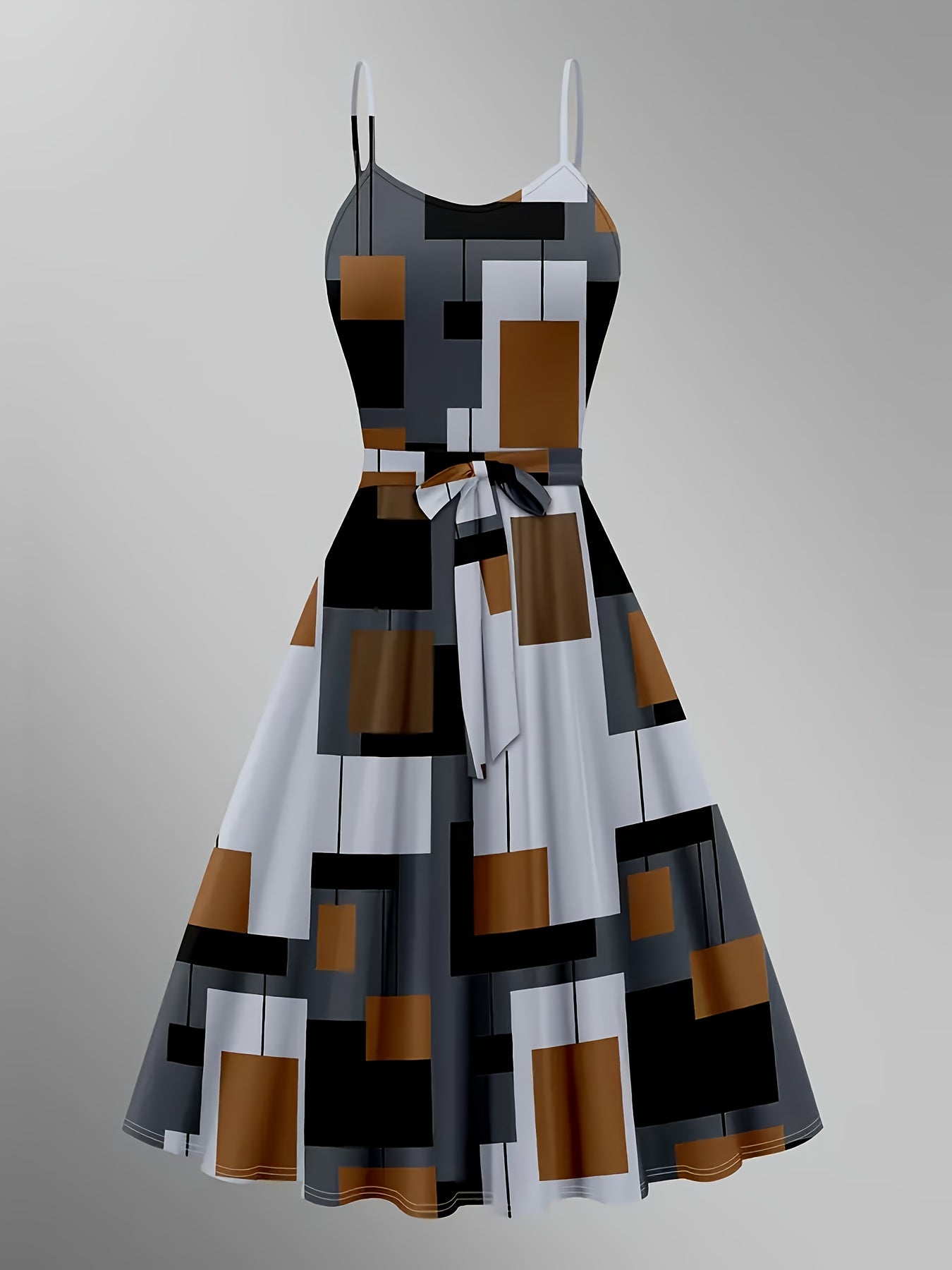 1pc Elegant Geometric-Patterned Halter Dress with V-Neck Polyester Long Coat Set for Women - Knit Fabric, All-Season Wear, 95% Polyester 5% Elastane