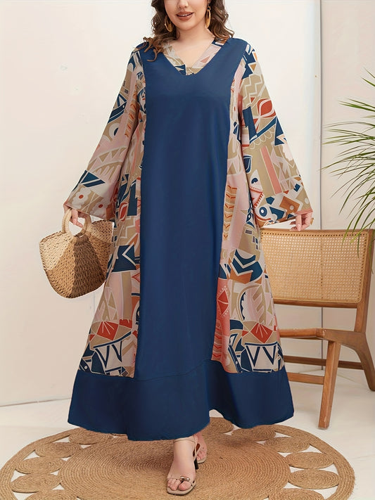Print V-Neck Dress with Colorful Abstract Print Patchwork - Polyester, Long Sleeve, Non-Sheer - Perfect for All Seasons