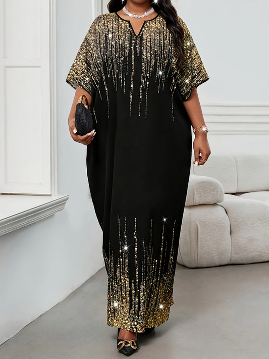 Elegant Plus Size Black Maxi Dress with Golden Sequin Detail - V-Neck, Loose Fit, Flowing Silhouette for Summer Glam, Plus Size Maxi Dress