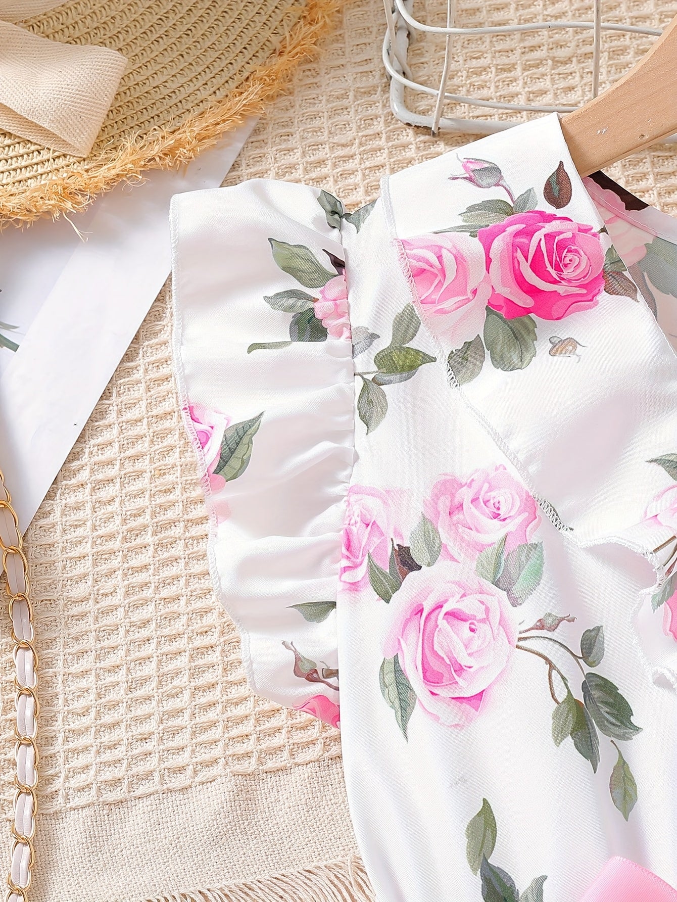 1pc Girls' Floral Print A-Line Dress with Ruffled Neckline & Pink Bow Belt - 100% Polyester, Machine Washable, Spring/Summer Casual Wear for Youngsters, Dresses for Girls