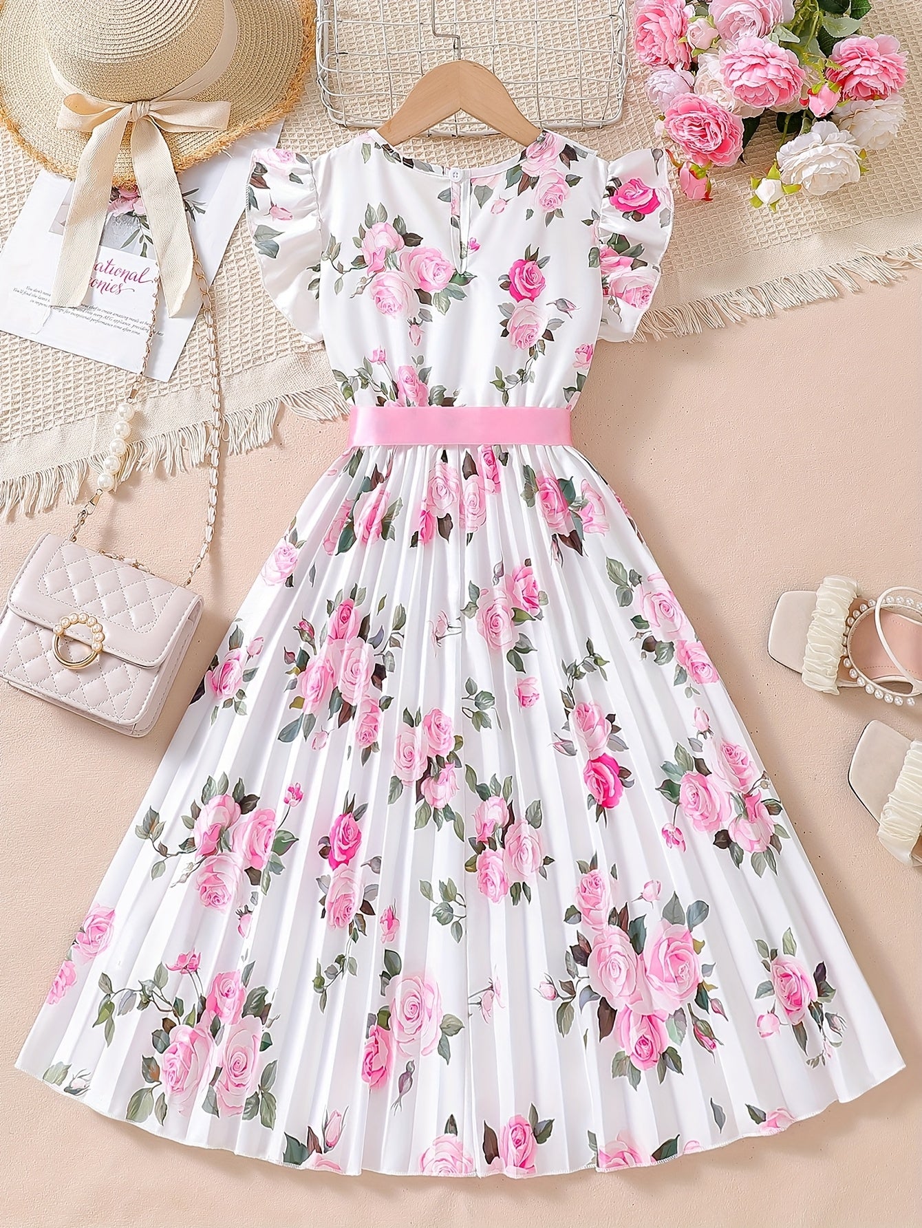 1pc Girls' Floral Print A-Line Dress with Ruffled Neckline & Pink Bow Belt - 100% Polyester, Machine Washable, Spring/Summer Casual Wear for Youngsters, Dresses for Girls