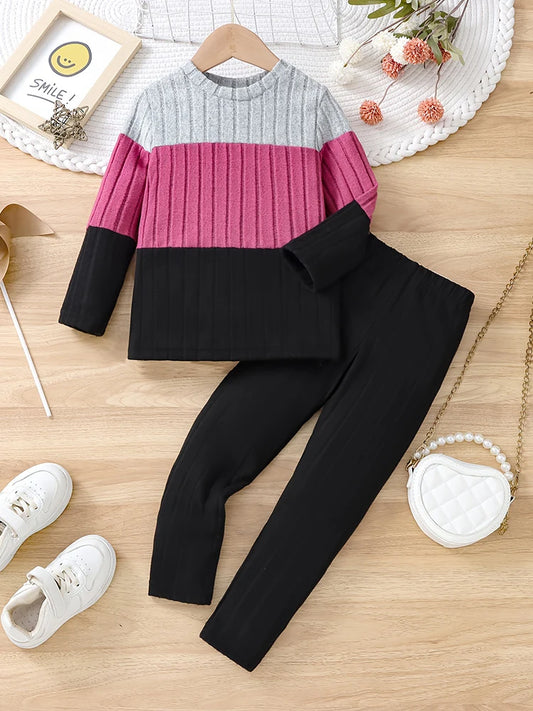 2-piece Girls' Thin Spring and Autum Color-blocked Long-sleeved Round Neck Pullover, Comfortable and Soft Pants Set