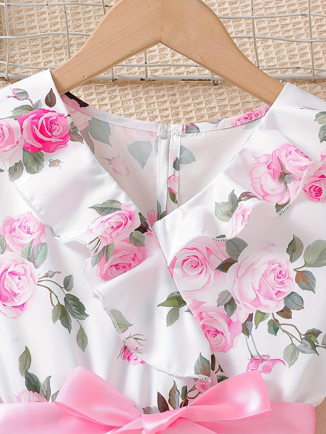 1pc Girls' Floral Print A-Line Dress with Ruffled Neckline & Pink Bow Belt - 100% Polyester, Machine Washable, Spring/Summer Casual Wear for Youngsters, Dresses for Girls