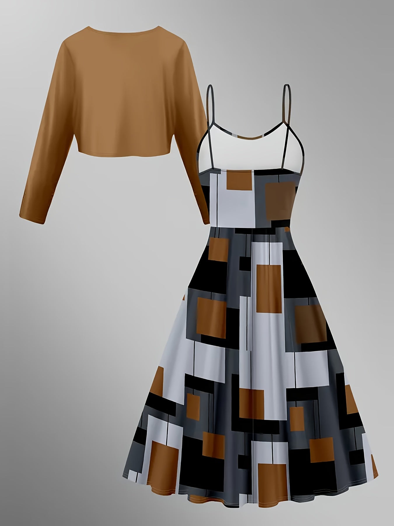 1pc Elegant Geometric-Patterned Halter Dress with V-Neck Polyester Long Coat Set for Women - Knit Fabric, All-Season Wear, 95% Polyester 5% Elastane