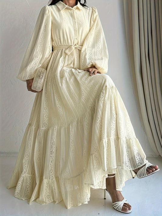 1pc Women's Middle Eastern Muslim Lace Collar Long Robe Dress, Casual Style, Solid Color, Woven Polyester 95% Spandex 5%, All-Season Button Detail