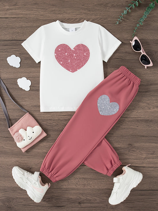A Girls' Casual Outfit Featuring a Short-Sleeve T-Shirt with a Round Neck And Heart-Shaped Print, Paired with Long Pants, Perfect for Summer, for Outdoor