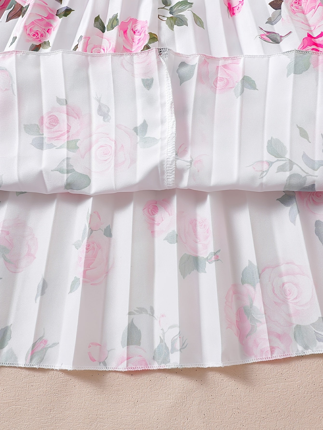 1pc Girls' Floral Print A-Line Dress with Ruffled Neckline & Pink Bow Belt - 100% Polyester, Machine Washable, Spring/Summer Casual Wear for Youngsters, Dresses for Girls
