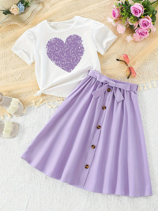 Summer Outfits Girl's Elegant Heart Print Short Sleeve Top + Buttons Decor Midi Skirt Set Holiday Casual Going Out 2pcs Clothes
