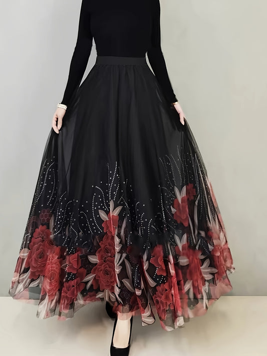 Floral & Butterfly Print High Waist Skirt, Elegant Ruffle Hem Flowy Maxi Skirt, Women's Clothing