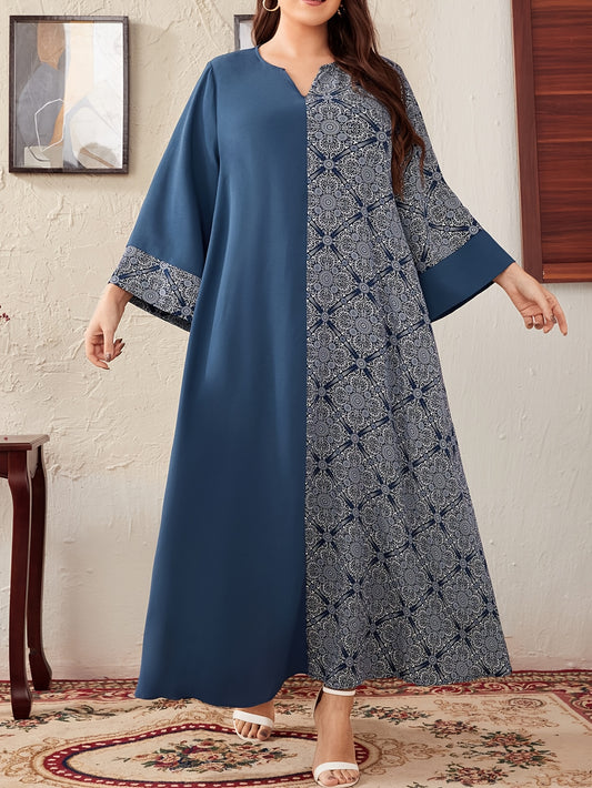 Elegant Plus Size V-Neck Dress with Geometric Pattern - Non-Stretch, Machine Washable Polyester - Perfect for All Seasons