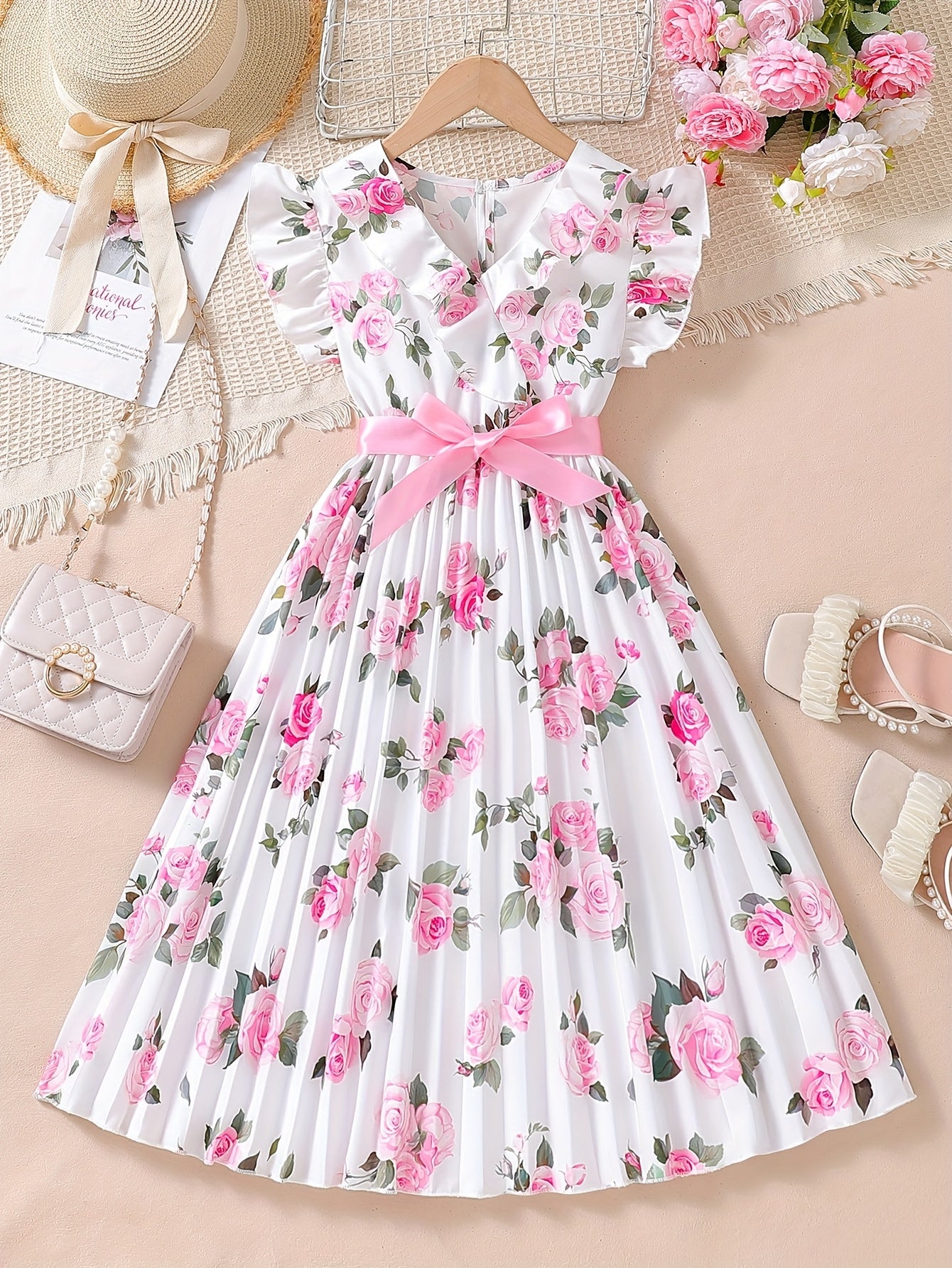 1pc Girls' Floral Print A-Line Dress with Ruffled Neckline & Pink Bow Belt - 100% Polyester, Machine Washable, Spring/Summer Casual Wear for Youngsters, Dresses for Girls