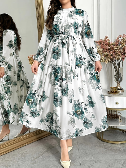 1pc Elegant Floral Print Maxi Dress with Belt, Polyester, Round Neck, Non-Stretch, Woven Fabric, Spring/Autumn Collection