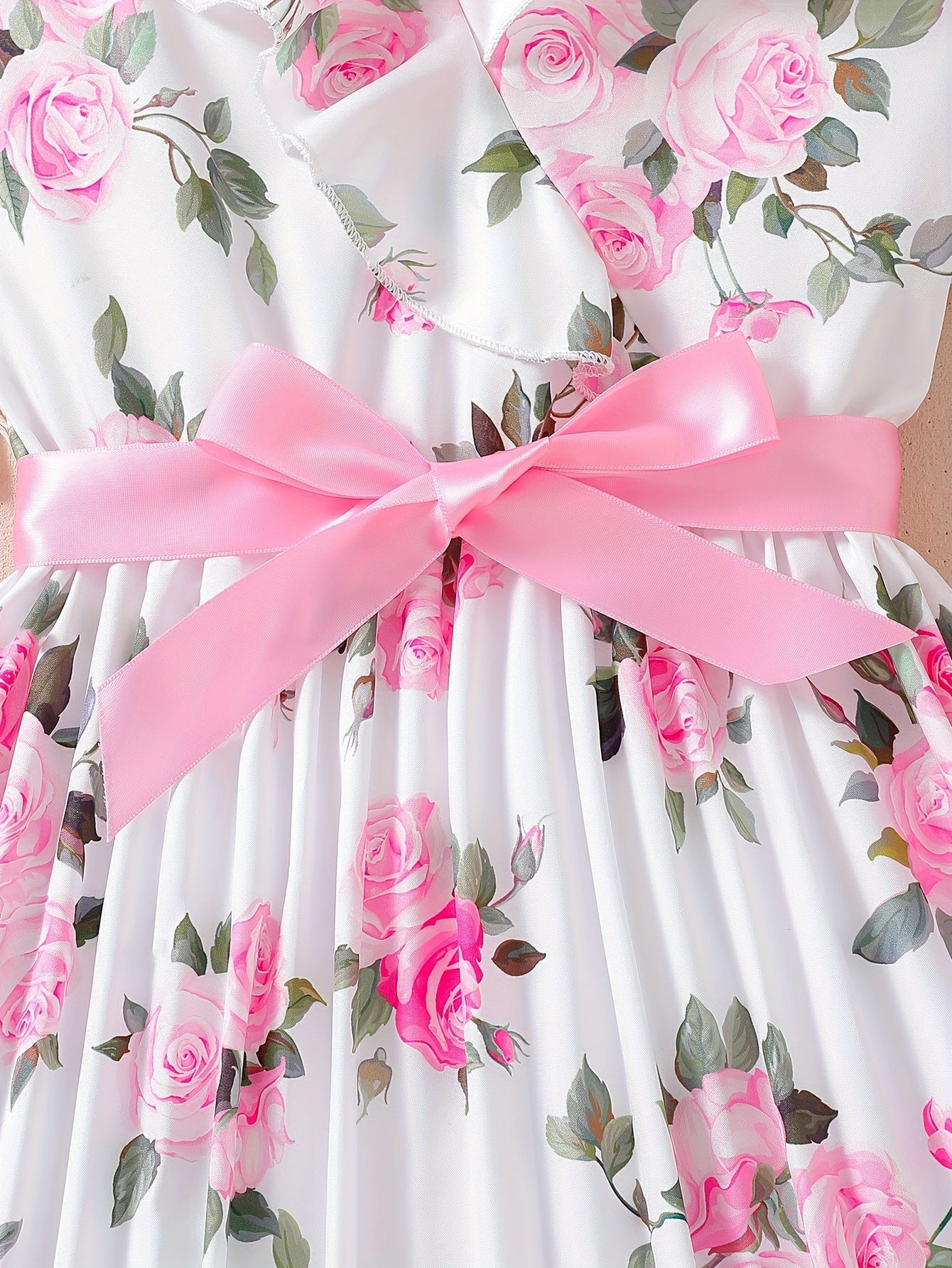 1pc Girls' Floral Print A-Line Dress with Ruffled Neckline & Pink Bow Belt - 100% Polyester, Machine Washable, Spring/Summer Casual Wear for Youngsters, Dresses for Girls